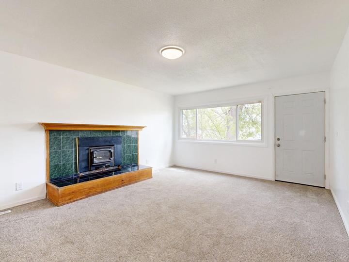 Fireplace with a tiled surround in an empty carpeted room